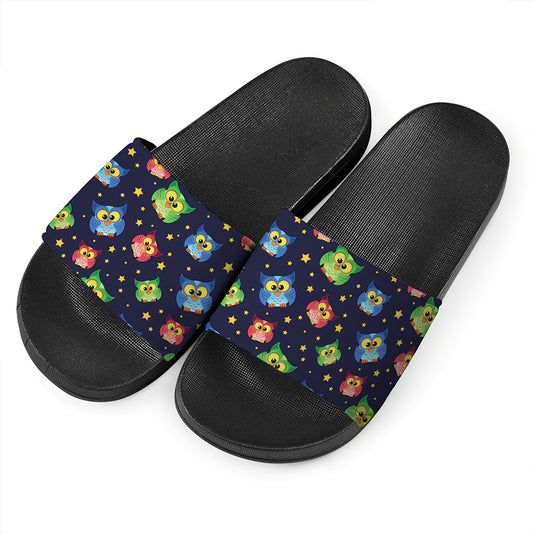 Owl And Star Pattern Print Black Slide Sandals