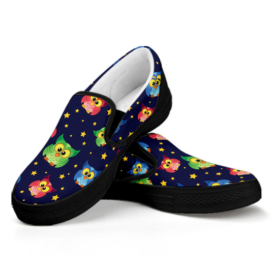 Owl And Star Pattern Print Black Slip On Shoes