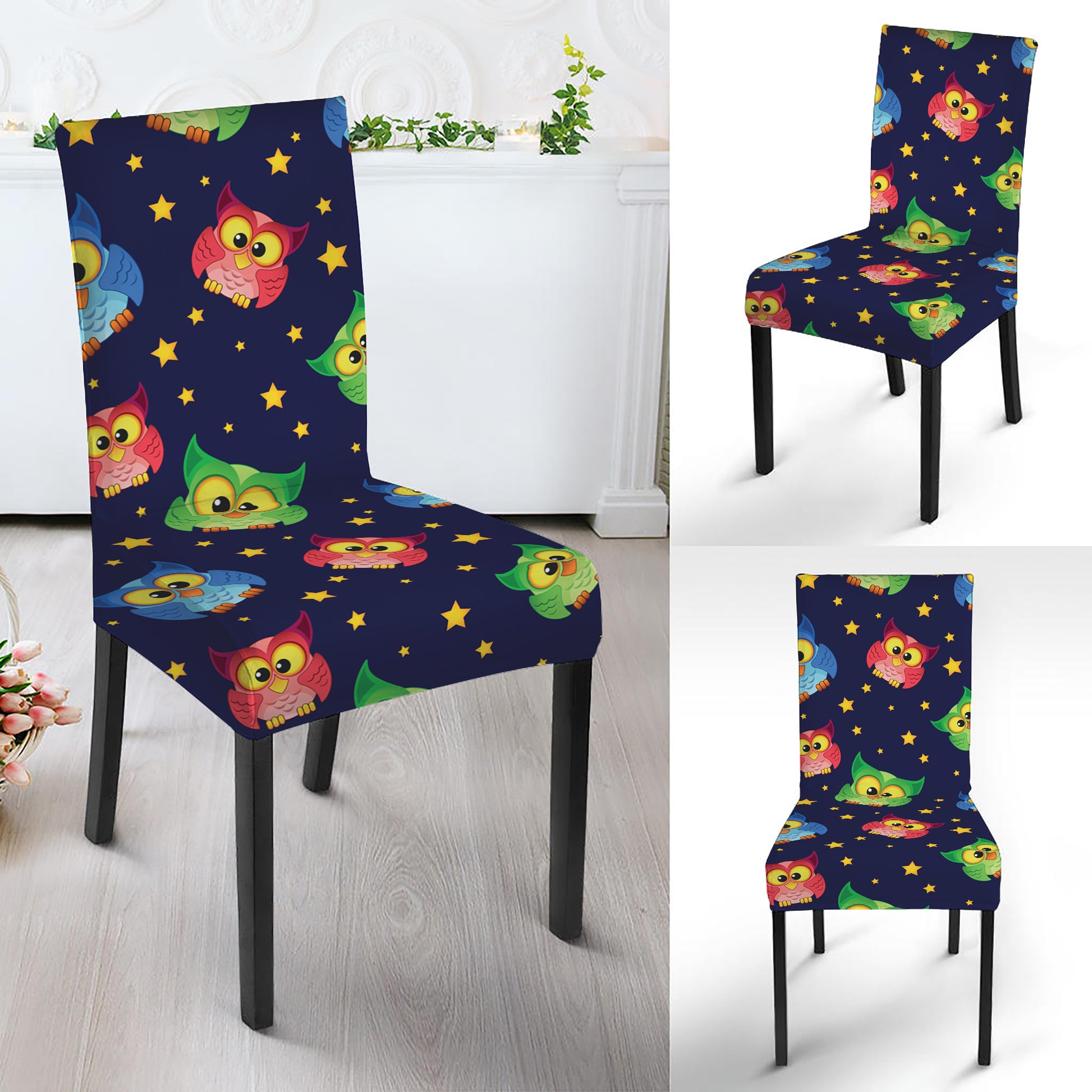 Owl And Star Pattern Print Dining Chair Slipcover
