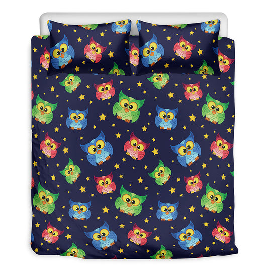 Owl And Star Pattern Print Duvet Cover Bedding Set
