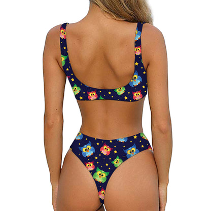 Owl And Star Pattern Print Front Bow Tie Bikini
