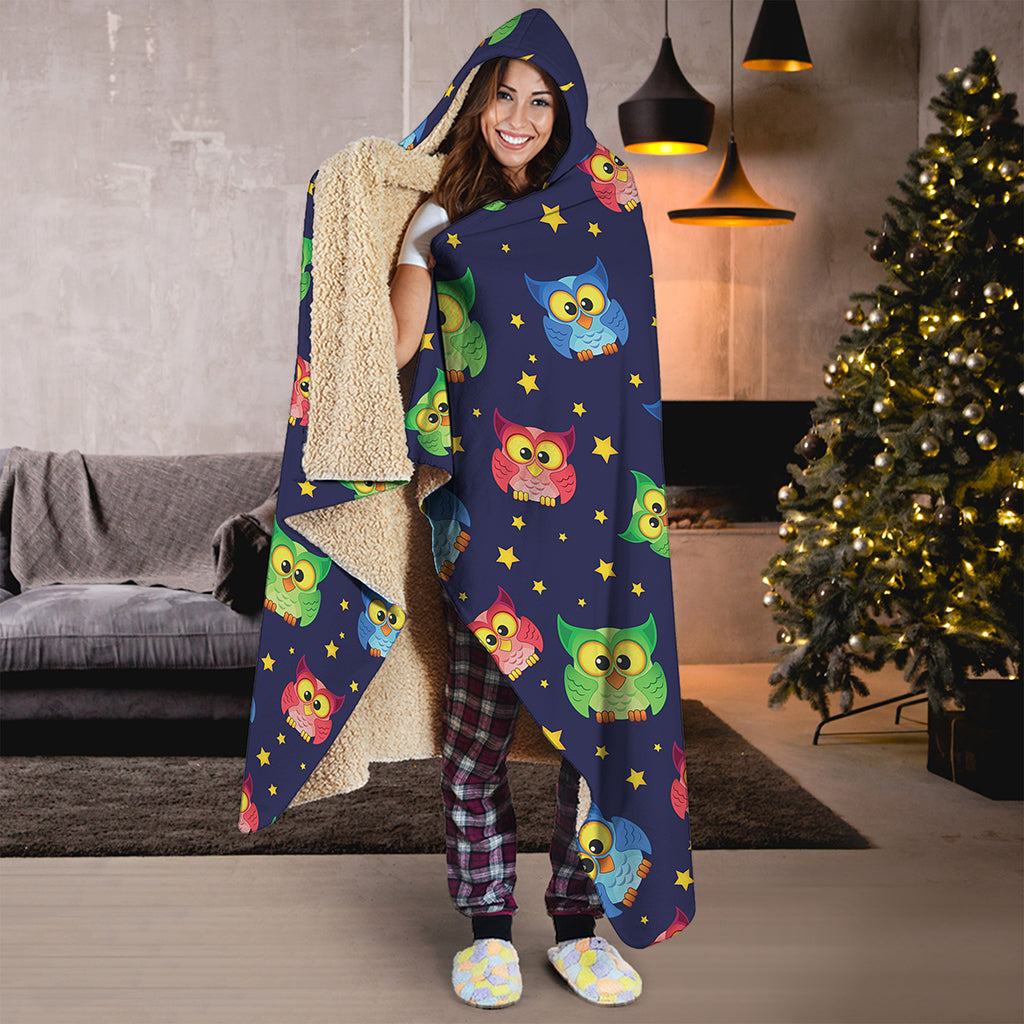 Owl And Star Pattern Print Hooded Blanket