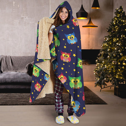 Owl And Star Pattern Print Hooded Blanket