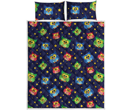 Owl And Star Pattern Print Quilt Bed Set