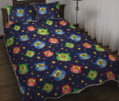 Owl And Star Pattern Print Quilt Bed Set