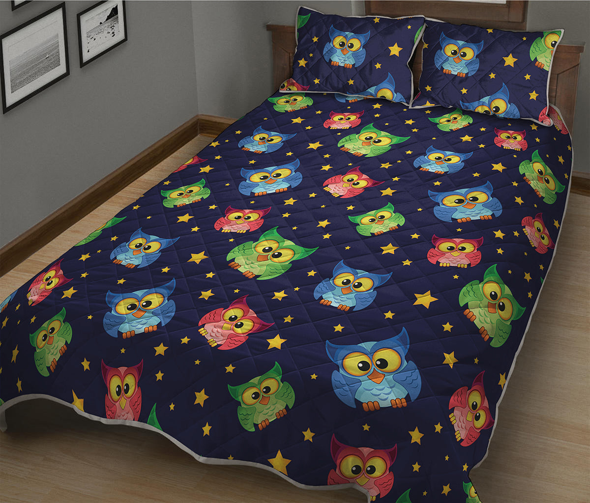 Owl And Star Pattern Print Quilt Bed Set