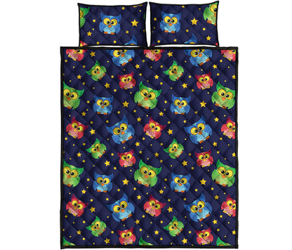 Owl And Star Pattern Print Quilt Bed Set