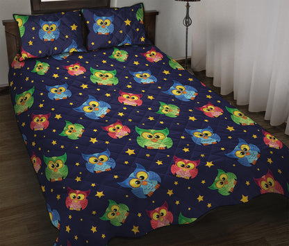 Owl And Star Pattern Print Quilt Bed Set