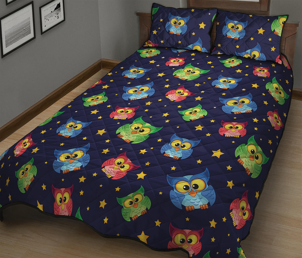 Owl And Star Pattern Print Quilt Bed Set