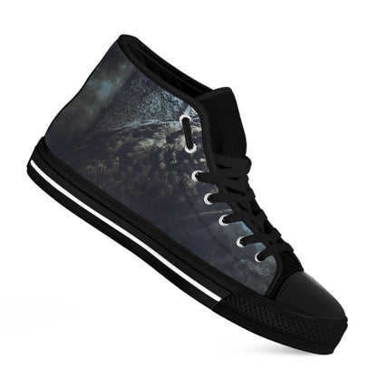 Owl At Night Print Black High Top Shoes