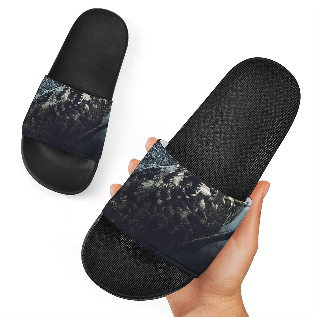 Owl At Night Print Black Slide Sandals