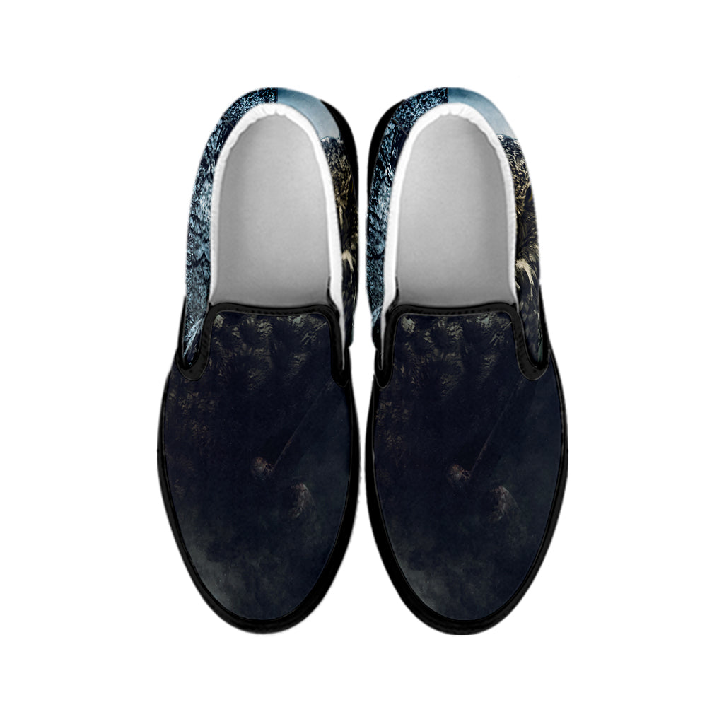 Owl At Night Print Black Slip On Shoes