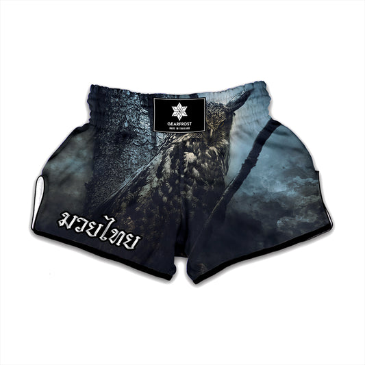 Owl At Night Print Muay Thai Boxing Shorts