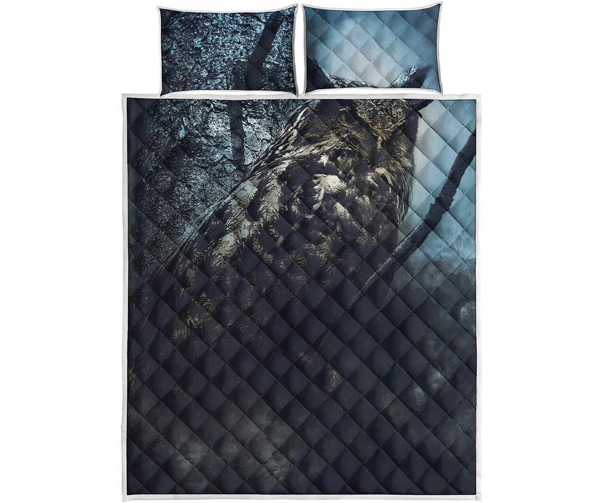 Owl At Night Print Quilt Bed Set