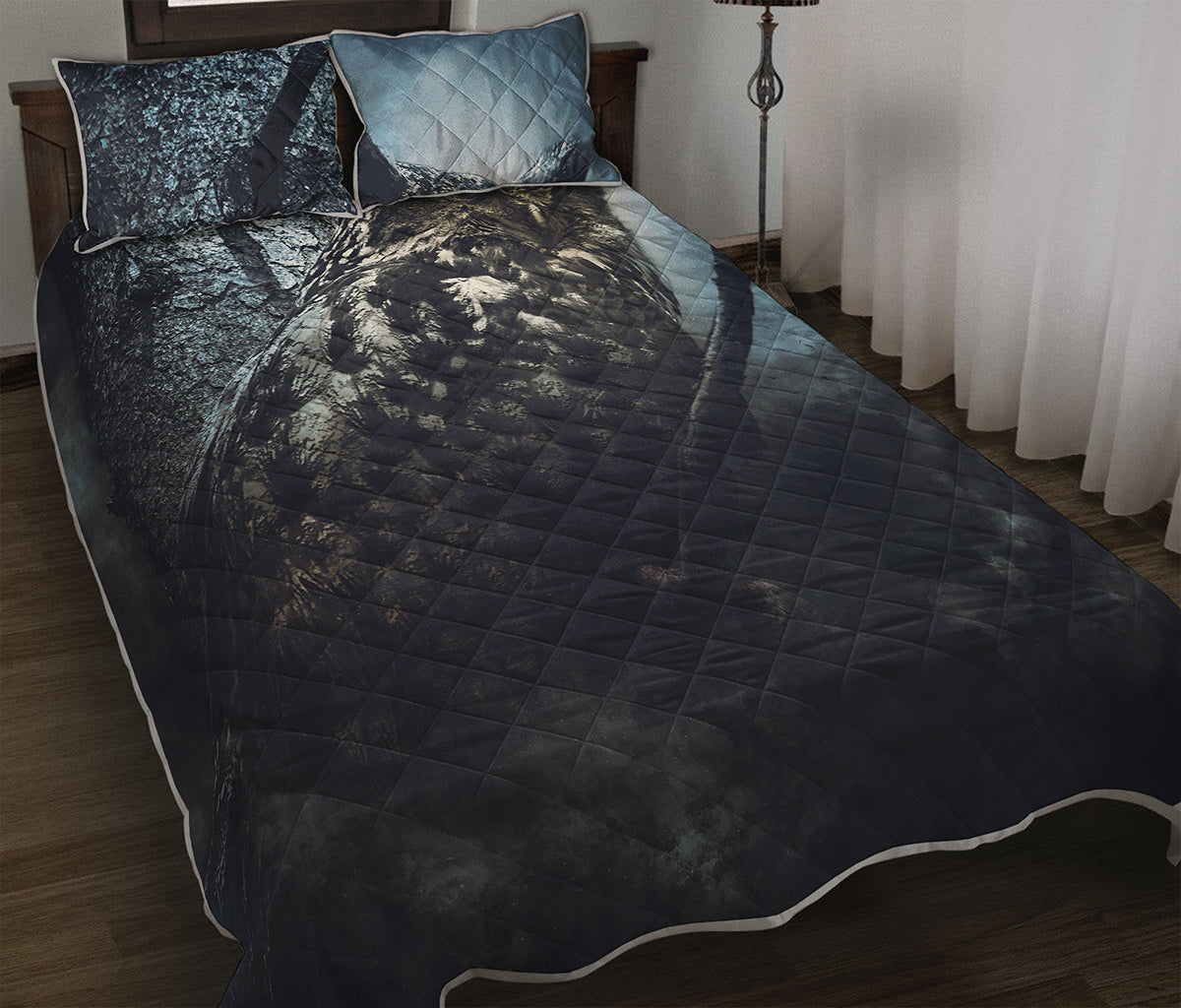 Owl At Night Print Quilt Bed Set
