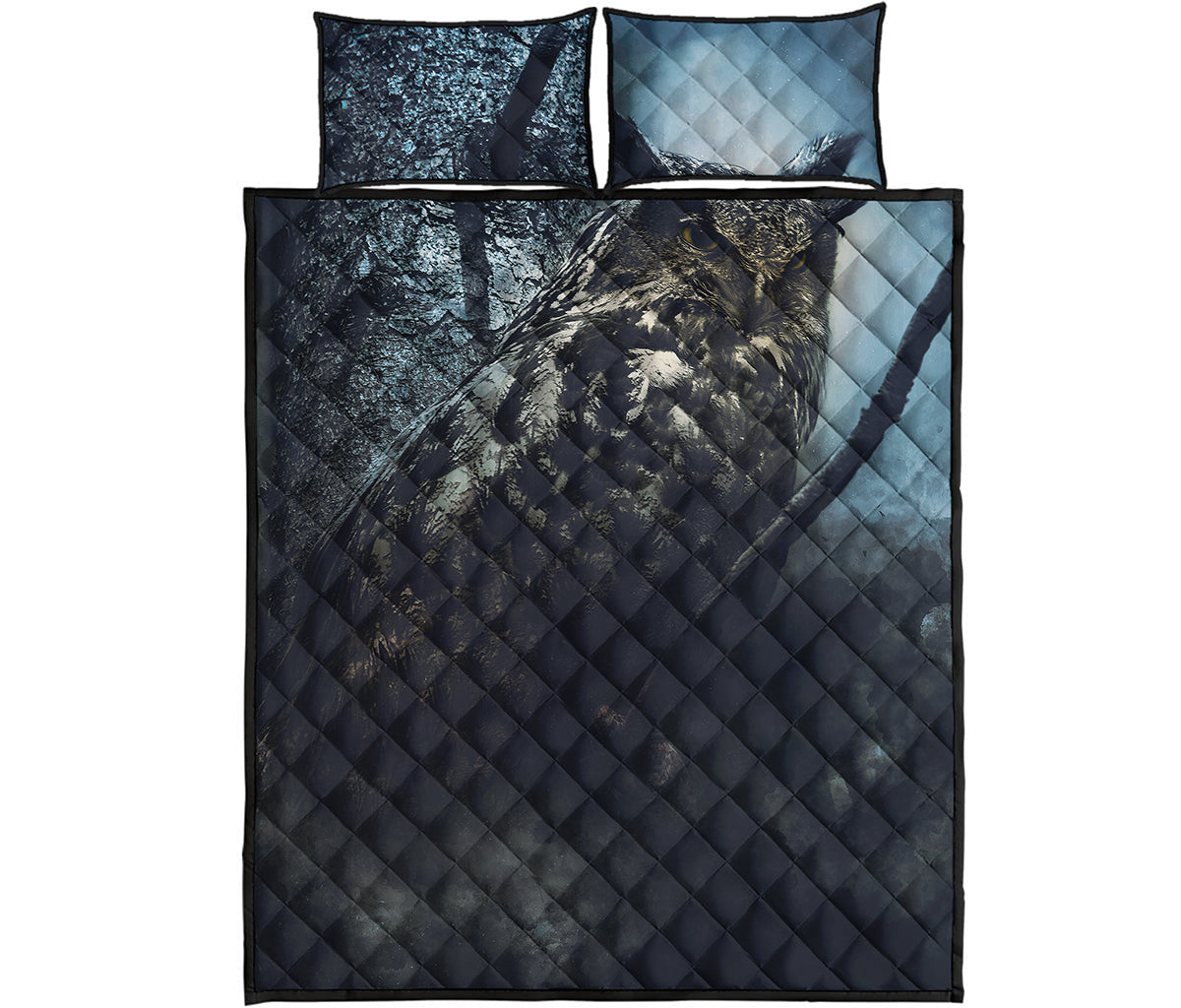 Owl At Night Print Quilt Bed Set