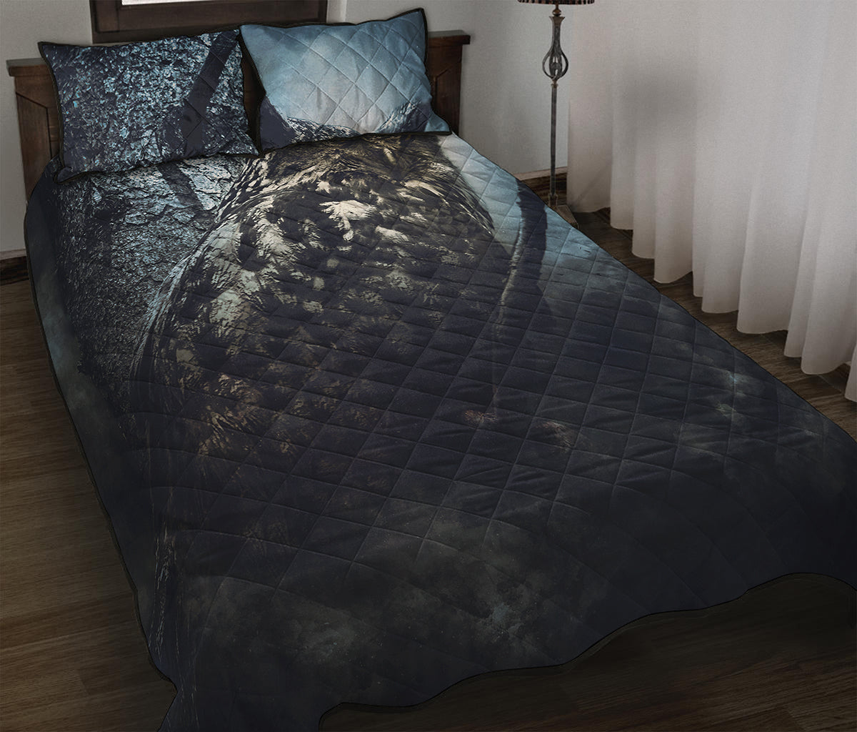 Owl At Night Print Quilt Bed Set