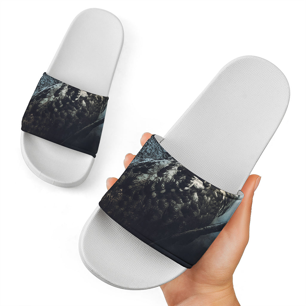 Owl At Night Print White Slide Sandals
