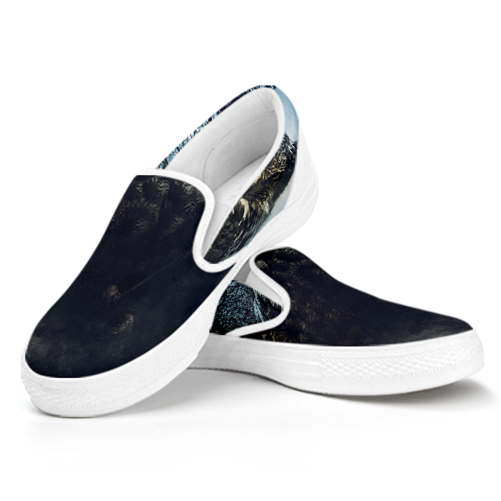 Owl At Night Print White Slip On Shoes