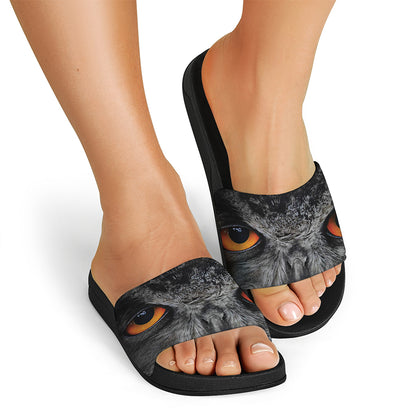 Owl Eyes Print Black Slide Sandals
