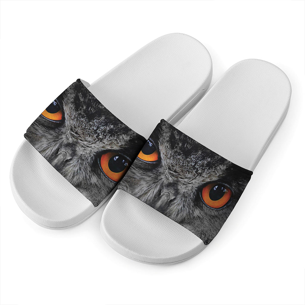 Owl Eyes Print White Slide Sandals