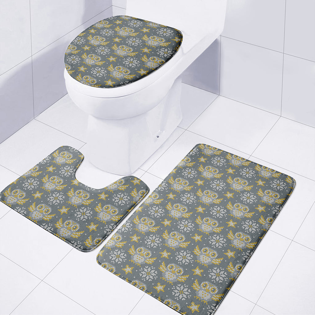 Owl Knitted Pattern Print 3 Piece Bath Mat Set
