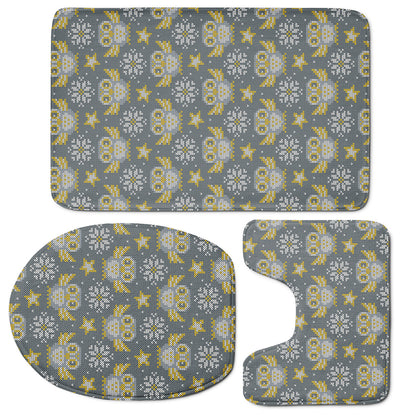Owl Knitted Pattern Print 3 Piece Bath Mat Set