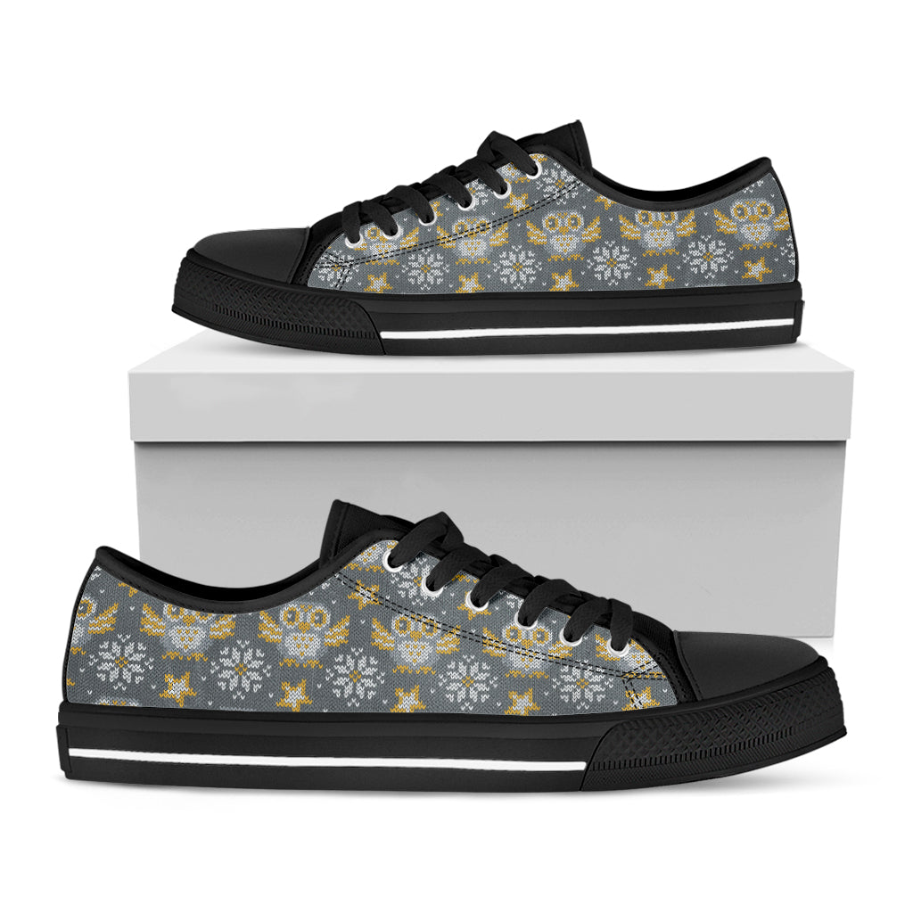Owl Knitted Pattern Print Black Low Top Shoes