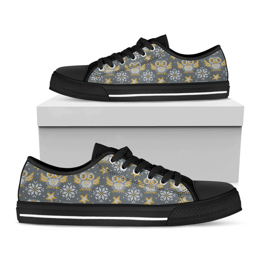 Owl Knitted Pattern Print Black Low Top Shoes