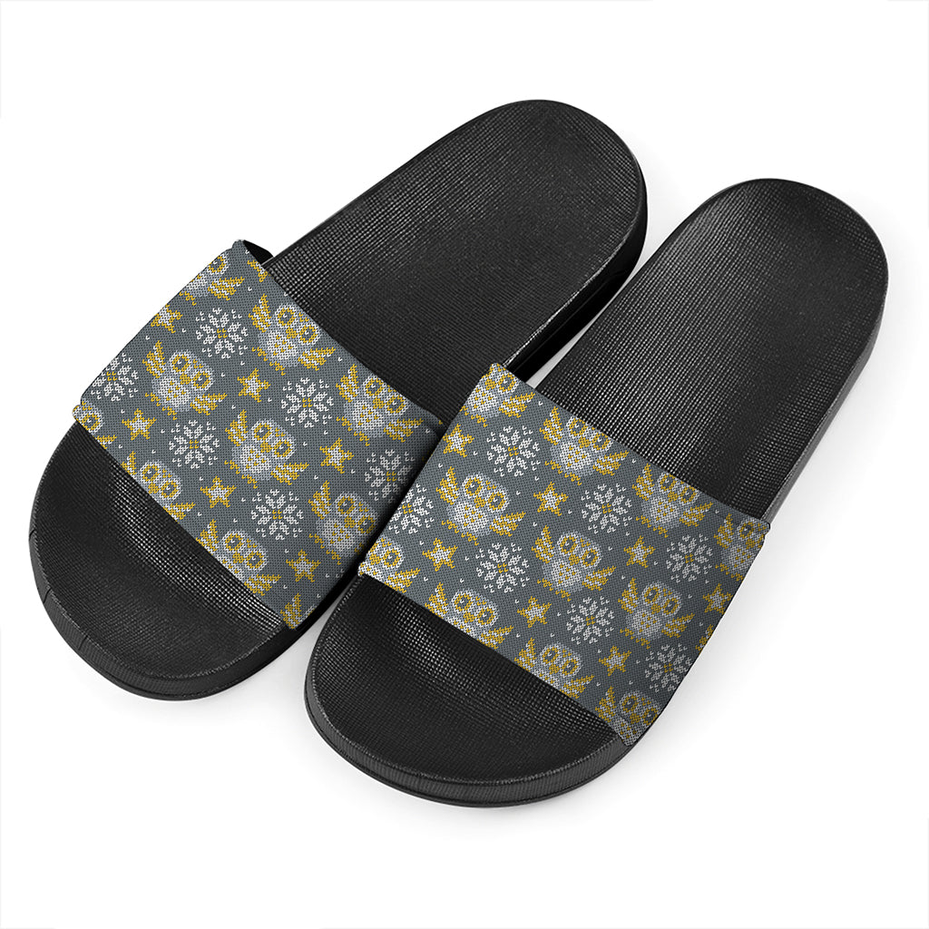 Owl Knitted Pattern Print Black Slide Sandals