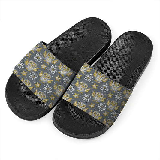 Owl Knitted Pattern Print Black Slide Sandals