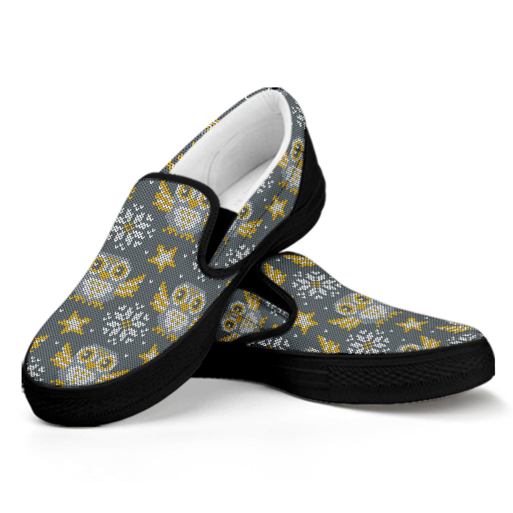 Owl Knitted Pattern Print Black Slip On Shoes