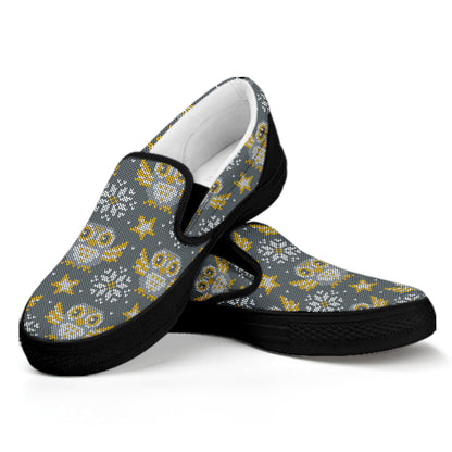 Owl Knitted Pattern Print Black Slip On Shoes