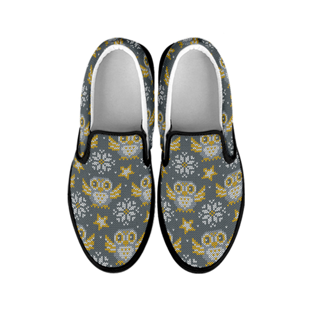Owl Knitted Pattern Print Black Slip On Shoes