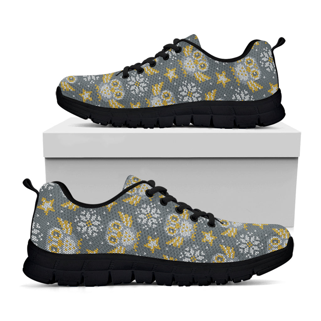 Owl Knitted Pattern Print Black Sneakers