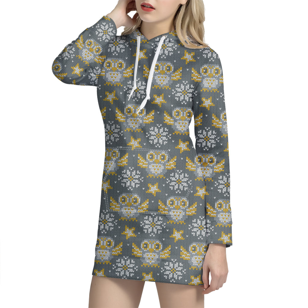 Owl Knitted Pattern Print Hoodie Dress