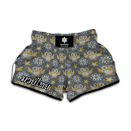 Owl Knitted Pattern Print Muay Thai Boxing Shorts