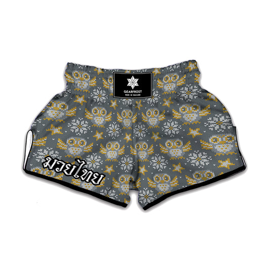 Owl Knitted Pattern Print Muay Thai Boxing Shorts