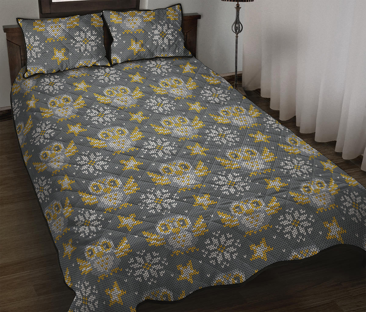 Owl Knitted Pattern Print Quilt Bed Set