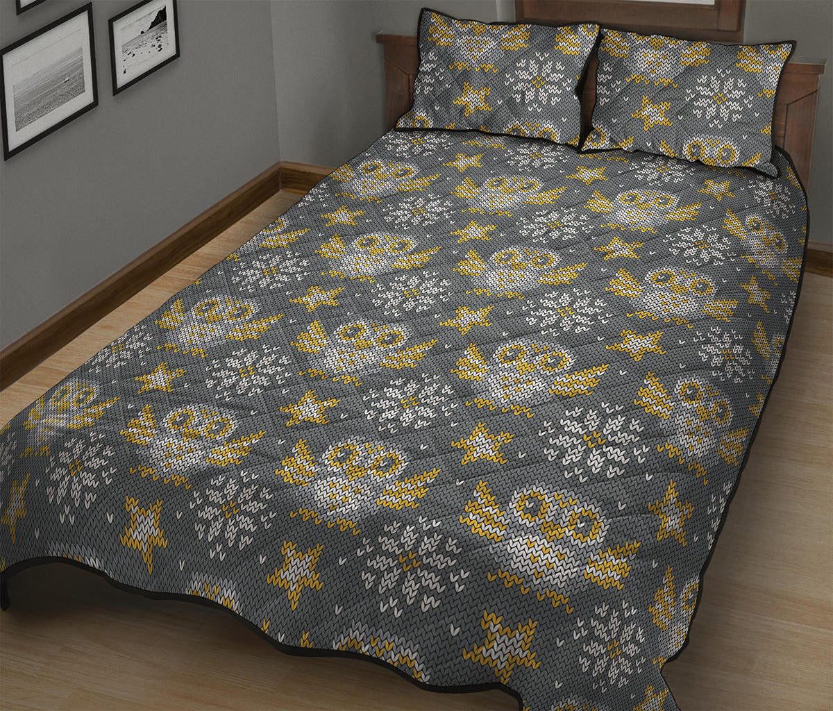 Owl Knitted Pattern Print Quilt Bed Set
