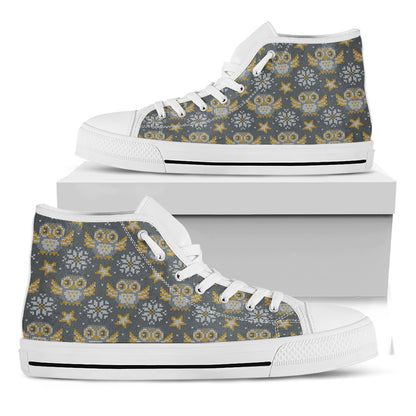 Owl Knitted Pattern Print White High Top Shoes