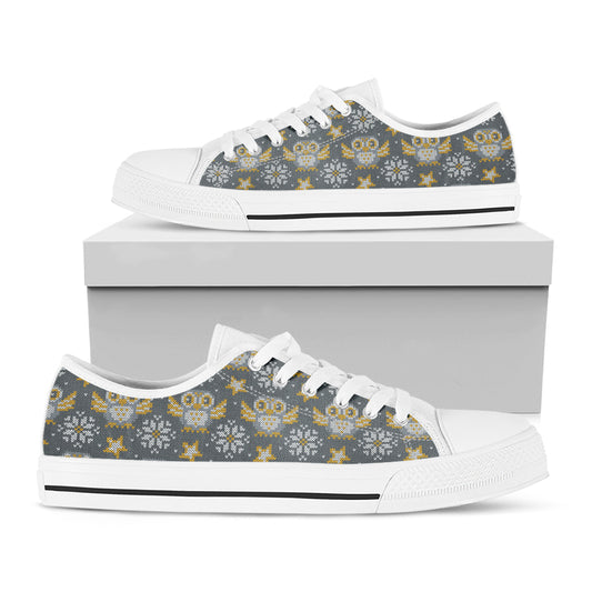 Owl Knitted Pattern Print White Low Top Shoes