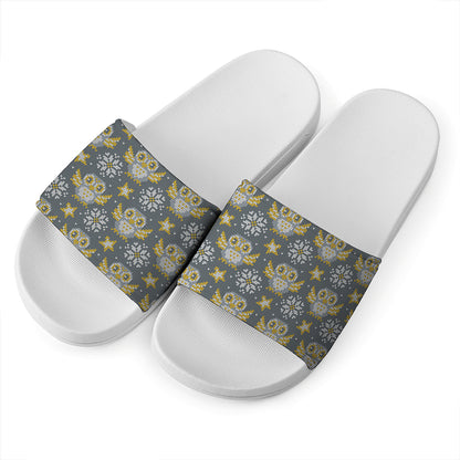 Owl Knitted Pattern Print White Slide Sandals