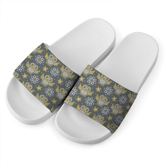 Owl Knitted Pattern Print White Slide Sandals