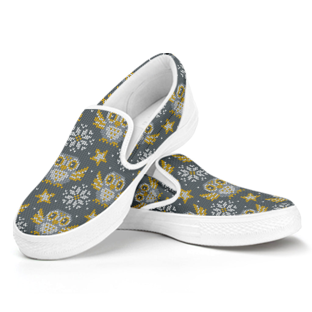 Owl Knitted Pattern Print White Slip On Shoes