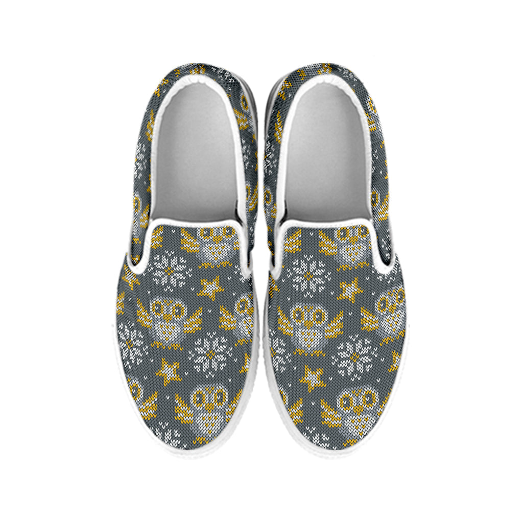 Owl Knitted Pattern Print White Slip On Shoes