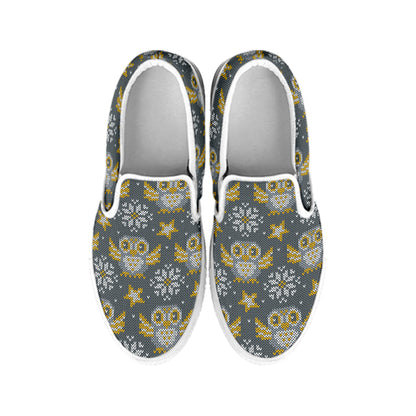 Owl Knitted Pattern Print White Slip On Shoes