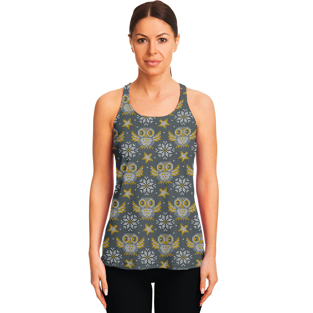 Owl Knitted Pattern Print Women's Racerback Tank Top