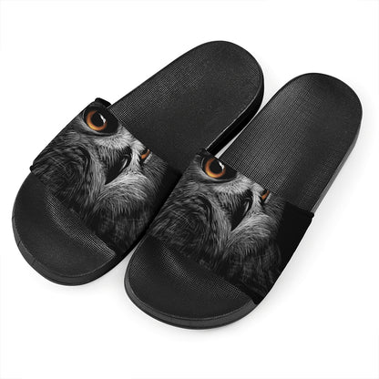 Owl Portrait Print Black Slide Sandals