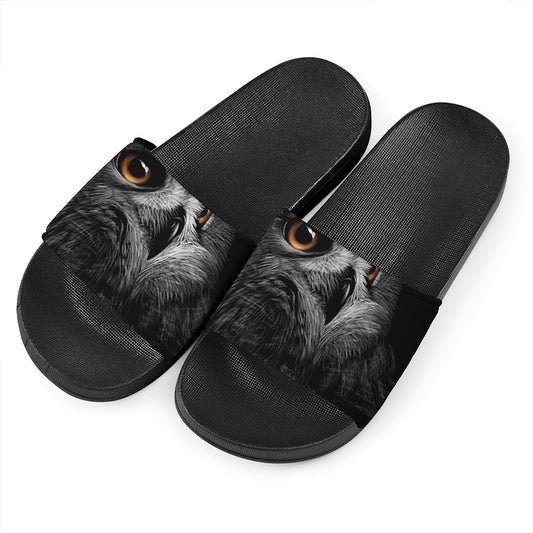 Owl Portrait Print Black Slide Sandals